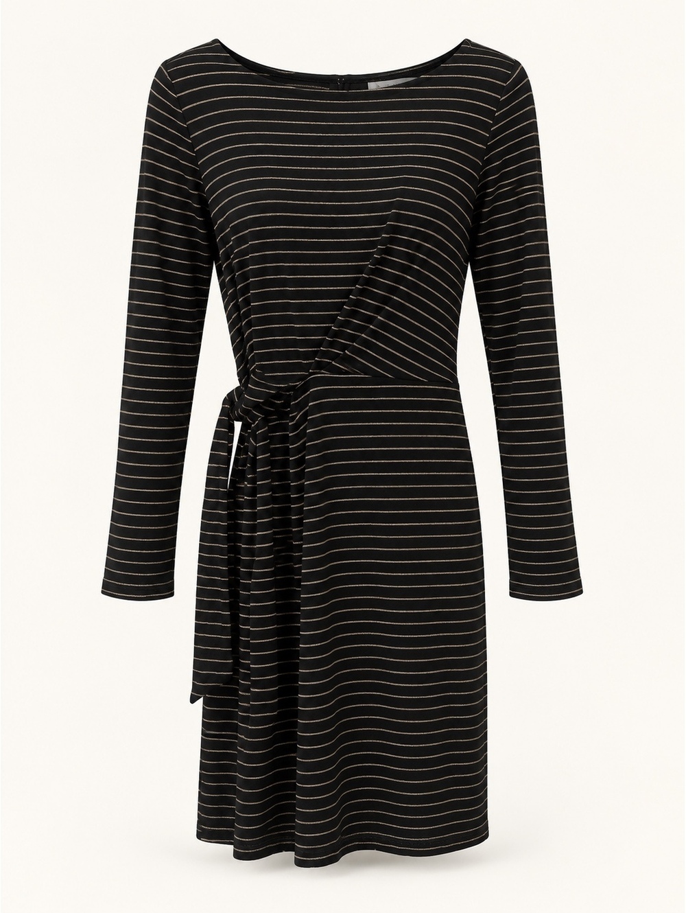 LOFT Black and Beige Striped Long Sleeve Dress with Waist Tie, Size Large
